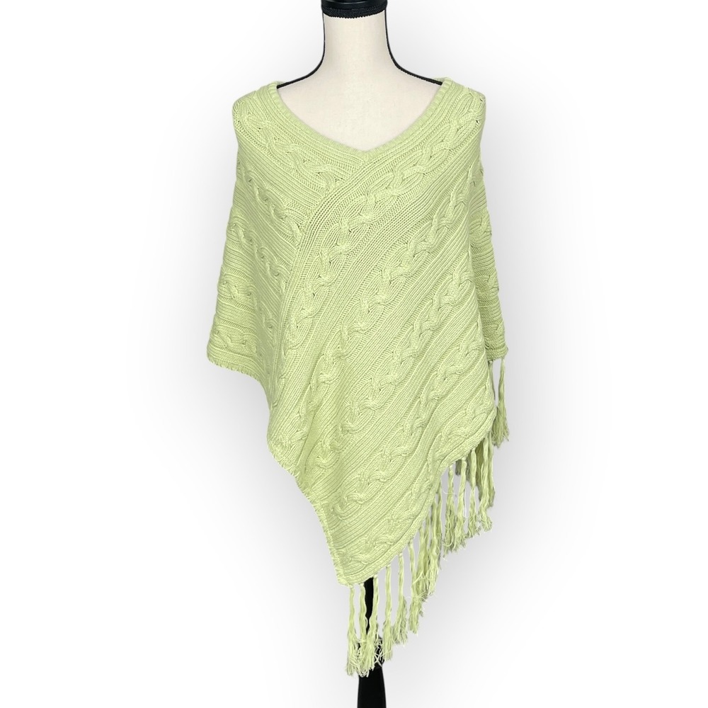 Womens Light Green Cable Knit Fringe Poncho Sweater Size S Boho Coastal Layers